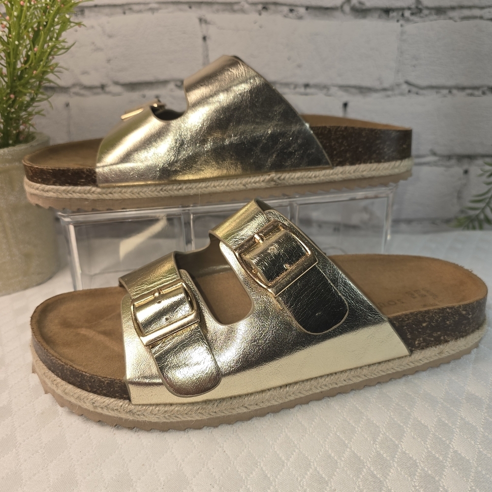 Womens South Beach Metallic Gold Double Buckle Slide Sandals Cork Sole Size 39